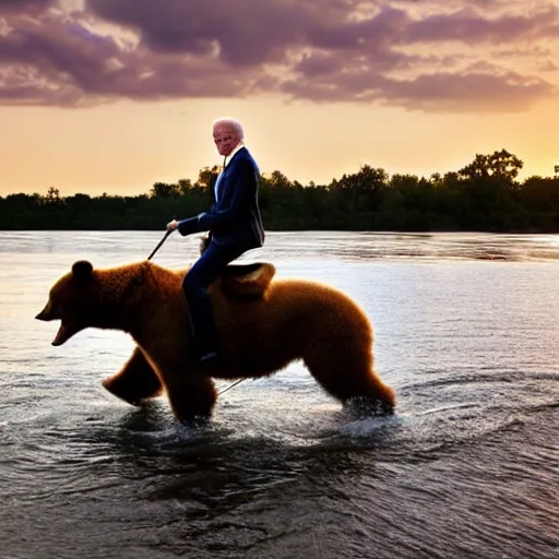 Prompt: high quality photograph of joe biden riding a bear across a river, golden hour