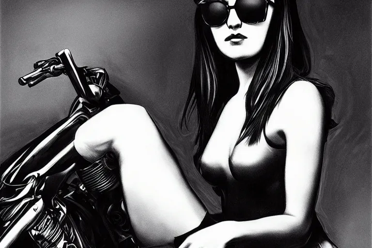 Prompt: sasha grey in sunglasses on top of motorcycle, cinematic chiaroscuro, photorealistic, artwork by Caravaggio