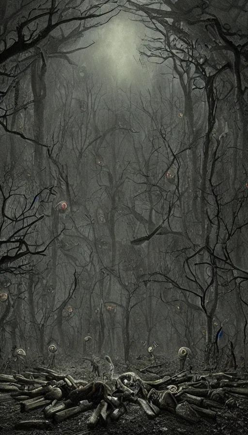 Prompt: a storm vortex made of many demonic eyes and teeth over a forest, by gregory crewdson