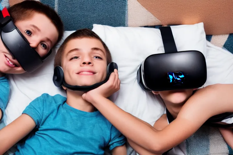 Image similar to An aerial stock photo of two boys laying in bed, with a bunch of stuff, wearing a VR-headset, featured on flickr, cluttered