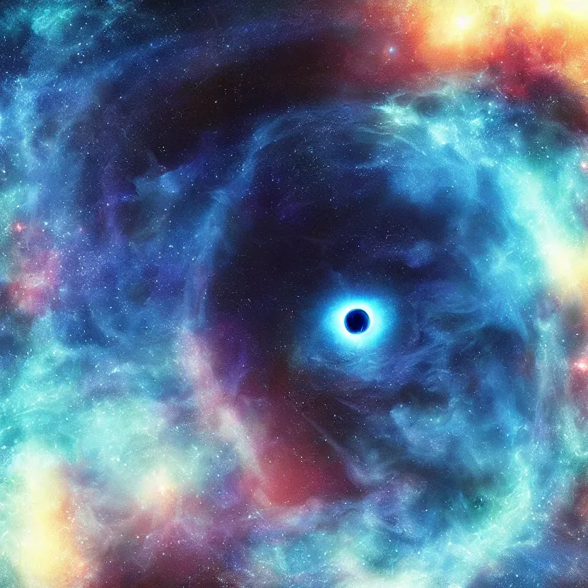 Prompt: blue evil eye floating in front of a nebula, digital art inspired by mikko lagerstedt, gilbert williams