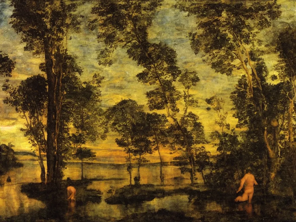 Prompt: Young man entering in a lake alone at night, golden light, Aurora Borealis, panthers, cypresses. Painting by Titian