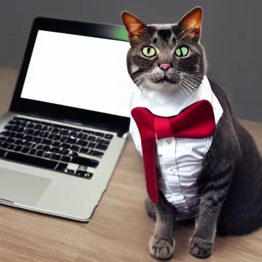 Image similar to a photo of a cat wearing a shirt and tie, sitting at a white desk with a book and a laptop on it