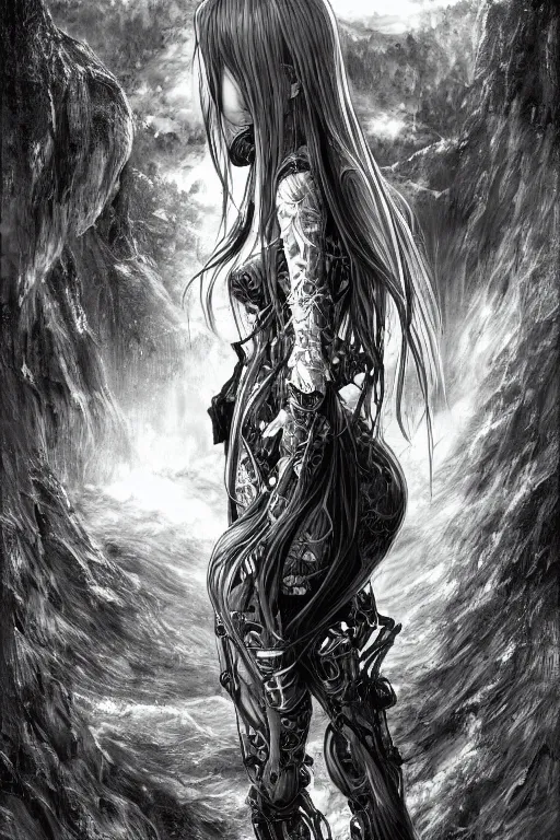 Image similar to a vertical portrait of a character in a scenic environment by Yoshitaka Amano, black and white, dreamy, cybernetic suit, wavy long black hair, highly detailed