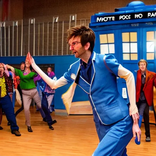 Image similar to closeup promotional image of an David Tennant as Doctor Who at a polka dance-off contest at the YMCA basketball gym, around the gym cybermen and daleks and captain jack are clapping, in the background the Tardis door is wide open, frenetic, quirky, movie still, promotional image, imax 70 mm footage, 4K