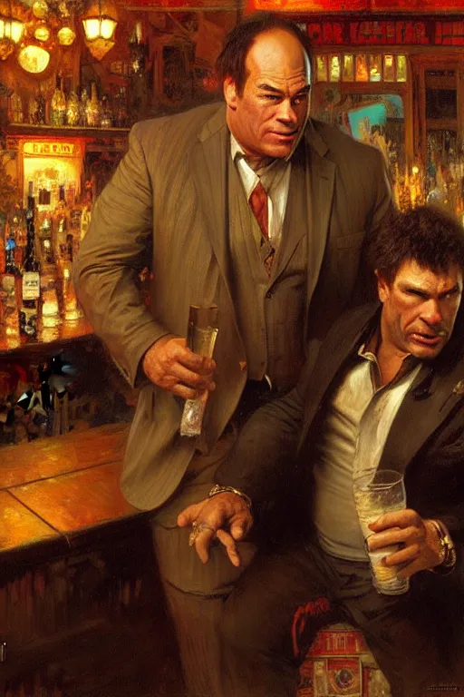 Image similar to hulking jon taffer, balding, wearing suit ogre - like, huge, at a bar, painting by gaston bussiere, craig mullins, greg rutkowski, alphonse mucha