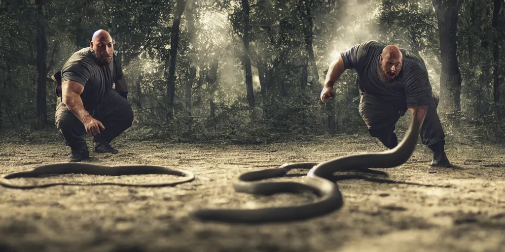 Image similar to The Big Guy Ryback fighting a snake solo outdoors, photorealistic, ultra hd, cinematic lighting, award-winning, 4k, leica sl2 30mm, beautiful color, high quality, high textured, lens flare