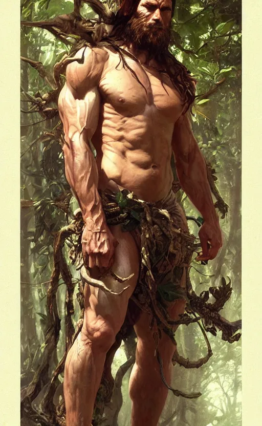 Image similar to god of the forest, 30 years old, rugged, male, gorgeous, detailed face, detailed hands!!!!!!, amazing, thighs!!!!!!, muscular, intricate, highly detailed, digital painting, artstation, concept art, sharp focus, illustration, art by greg rutkowski and alphonse mucha