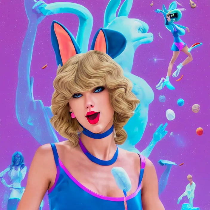 Image similar to portrait of Taylor Swift as Lola Bunny in Space Jam 1996. bunny ears. intricate abstract. intricate artwork. by Tooth Wu, wlop, beeple, dan mumford. octane render, trending on artstation, greg rutkowski very coherent symmetrical artwork. cinematic, hyper realism, high detail, octane render, 8k, iridescent accents