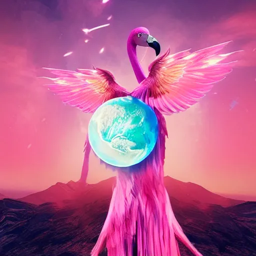 Prompt: a goddess wearing a flamingo fashion, sci - fi aesthetics, on fire, photoshop, colossal, creative and cool, giant, digital art, photo manipulation, planets, with earth, outer space, smoke