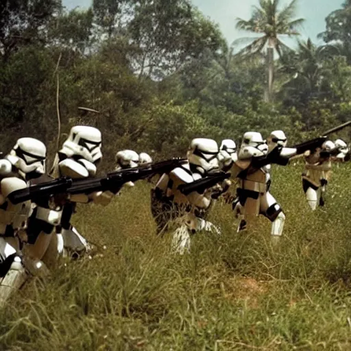 Image similar to star wars clone troopers combat soldiers in vietnam, photo, old picture, lush landscape, jungle, firearms, explosions, helicopters, aerial combat, active battle zone, flamethrower, air support, jedi, land mines, gunfire, violent, star destroyers, star wars lasers, sci - fi, jetpacks, agent orange, bomber planes, smoke, trench warfare