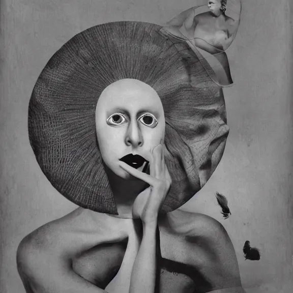 Image similar to evocative surrealist artwork resembling the style of Meret Oppenheim, Claude Cahun, Emila Medková, Valentine Penrose, Lee Miller, Sheila Legge, Unica Zürn