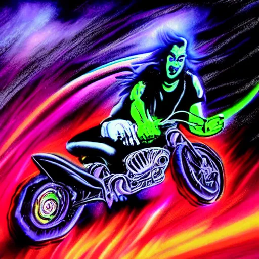 Image similar to psychedelic blacklight airbrush artwork, hyper stylized action shot of an orc biker riding a motorcycle, airbrushed on a black background