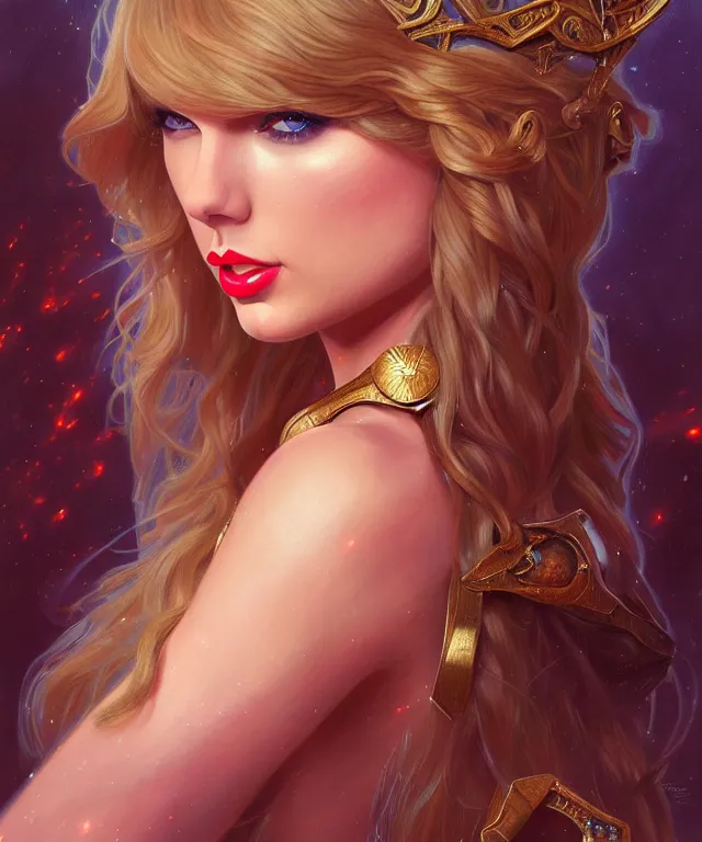 Prompt: Taylor Swift as a fantasy magic woman portrait, sci-fi, amber eyes, face, long hair, fantasy, intricate, elegant, highly detailed, digital painting, artstation, concept art, smooth, sharp focus, illustration, art by artgerm and greg rutkowski and alphonse mucha