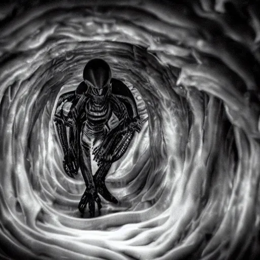 Image similar to xenomorph in ice cavern, close up photo, creepypasta, monochromatic