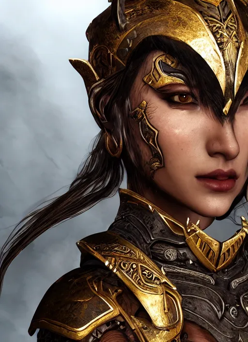 Prompt: A close-up portrait of a beautiful woman demon priestess wearing finely detailed armor forged by the ancient gods with studio lighting background unreal engine trending on artstation