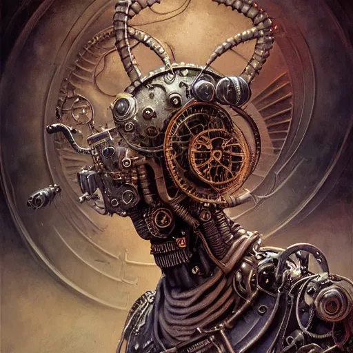 Image similar to low angle shot of a steampunk cyborg by clive barker, intricate, elegant, highly detailed, centered, digital painting, artstation, concept art, smooth, sharp focus, illustration, artgerm, Tomasz Alen Kopera, Peter Mohrbacher donato giancola, Joseph Christian Leyendecker, WLOP, Boris Vallejo.