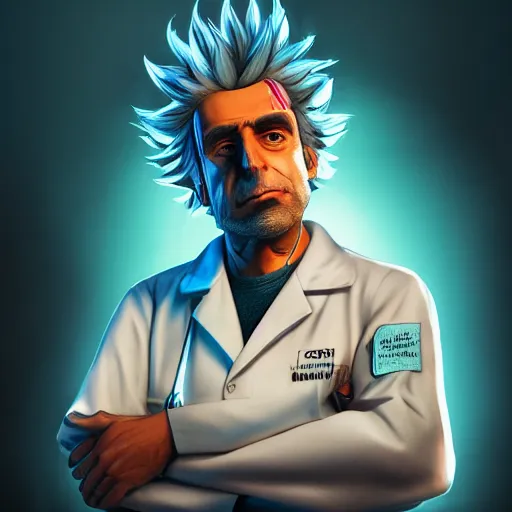 Image similar to portrait of rick sanchez, lab coat and tee shirt, lens flare, atmosphere, glow, detailed, intricate, full of colour, cinematic lighting, trending on artstation, 4 k, hyperrealistic, focused, extreme details, unreal engine 5, cinematic, masterpiece