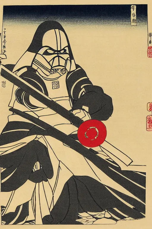 Image similar to Japanese woodblock print of Darth Vader holding a samurai sword , Hokusai