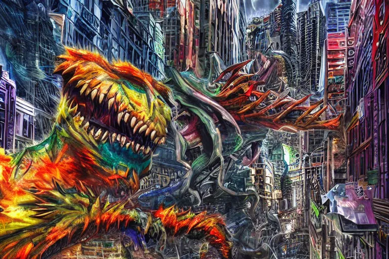 Image similar to destructive monster in the city, photorealistic, highly detailed, sharp focus, vivid, colorful, symmetrical, random, convoluted, mind - blowing, creative, fully functional, end of the world, physics defying, amazing, cool