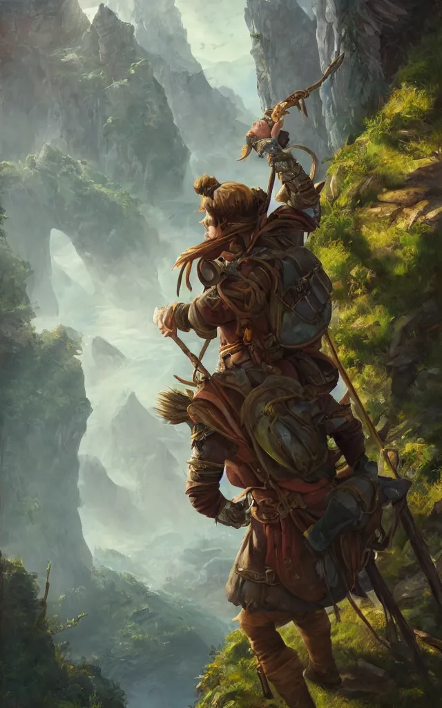 Image similar to an oil art painting of young handsome fool adventurer with adventurer hiking backpack, grim gwent card, gipsy mage adventurer character design from inquisition, climbing up a cliffside, 4 k, ultra detail, volumetric lighting, unreal engine, octane render