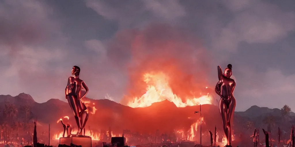 Prompt: realistic cinematic views of a Orwellian Coachella with fires in the background and dead animals falling from the sky in front of the main stage celebrating a large statue of kim kardashian an iPhone 13, hyper detailed, terror glows, hyper realistic, digital painting, 8k, 35mm film grain, octane render