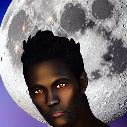 Image similar to a guy with purple eyes, completely dark aura, with black. magic powers, he's on the moon