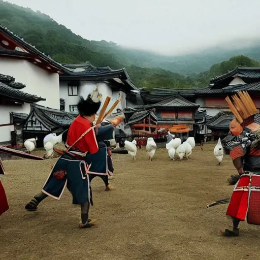 Prompt: Samurai chickens attack a village on the foothill of mount Fuji