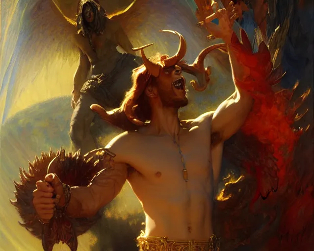 Image similar to attractive demonic male deity, casting magic, summoning handsome lucifer morning star. highly detailed painting by gaston bussiere, craig mullins, j. c. leyendecker 8 k