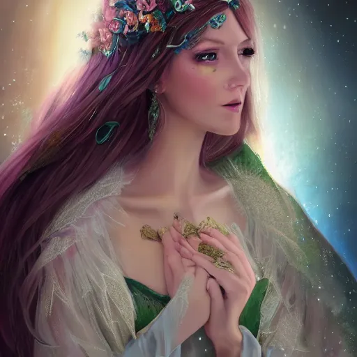 Image similar to detailed portrait of a fairy queen with wings wearing a silk and lace robe and a lace hood over her face, pixie, realism, emerald, galaxy, sapphire,blonde hair going down to the floor, moonlit, dark fantasy, dramatic lighting, cgsociety, artstation