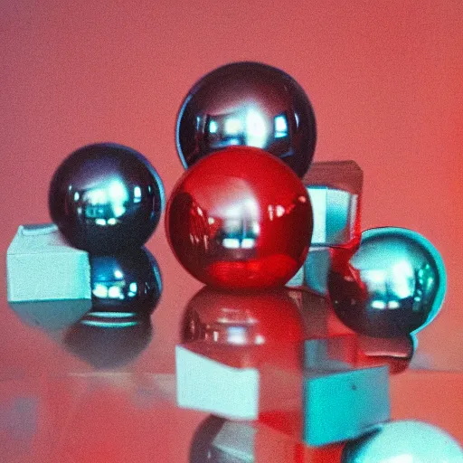 Prompt: chrome spheres on a red cube, super 8 film
