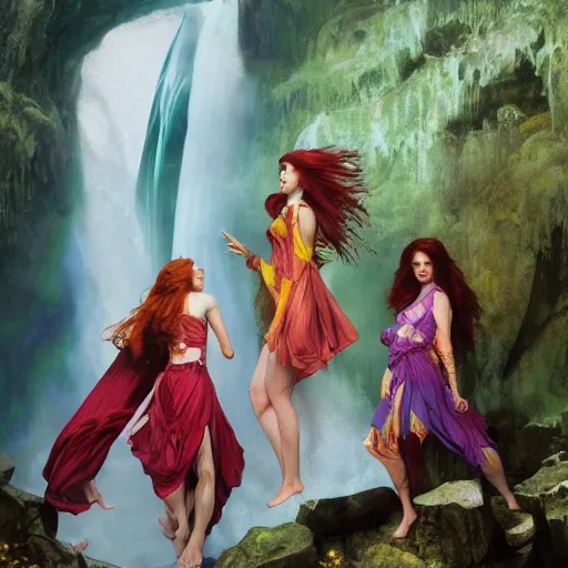 Image similar to an extremely detailed portrait of four polyamorous red haired vampire queens wearing bright multi colored dresses and dancing in a cave behind a waterfall, epic fantasy, viewed in profile from far away, sharp focus, detailed face, art by greg rutkowski and alphonse mucha, volumetric lighting, 4 k resolution, trending on artstation, masterpiece