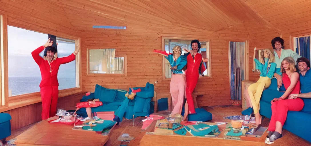 Image similar to first-person perspective view of happy people wearing discowear having a party inside of a 1970s luxury a-frame cabin with a soviet computer console on the wall, large windows, an exterior of a sunlit ocean beach, ektachrome photograph, f8 aperture