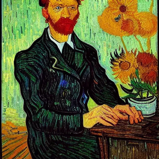 Prompt: portrait of young jason isaacs as a florist, long shot, van gogh