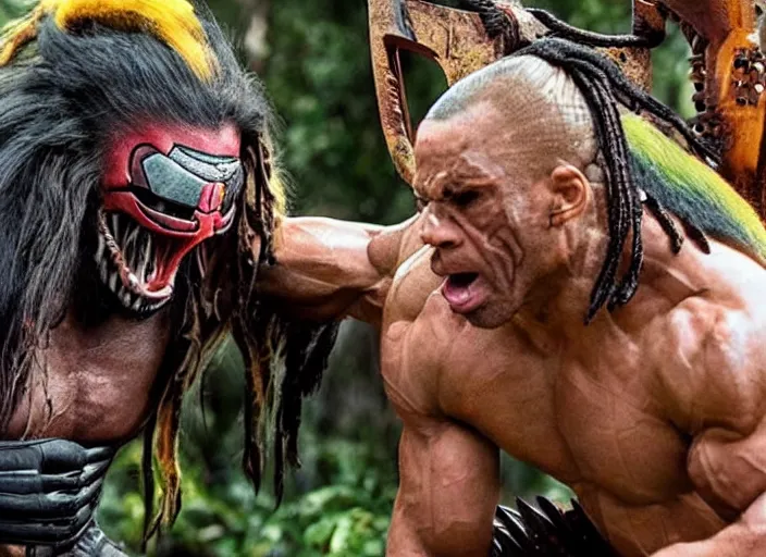 Image similar to the ultimate warrior fighting the predator, movie still, from the new predator movie, 8 k, realistic