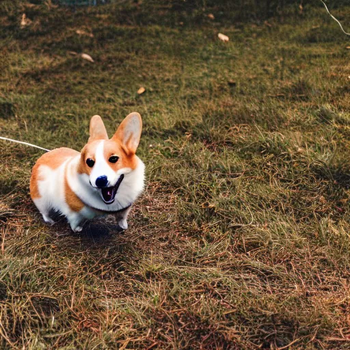 Prompt: A corgi wearing jeans. Nature photography.