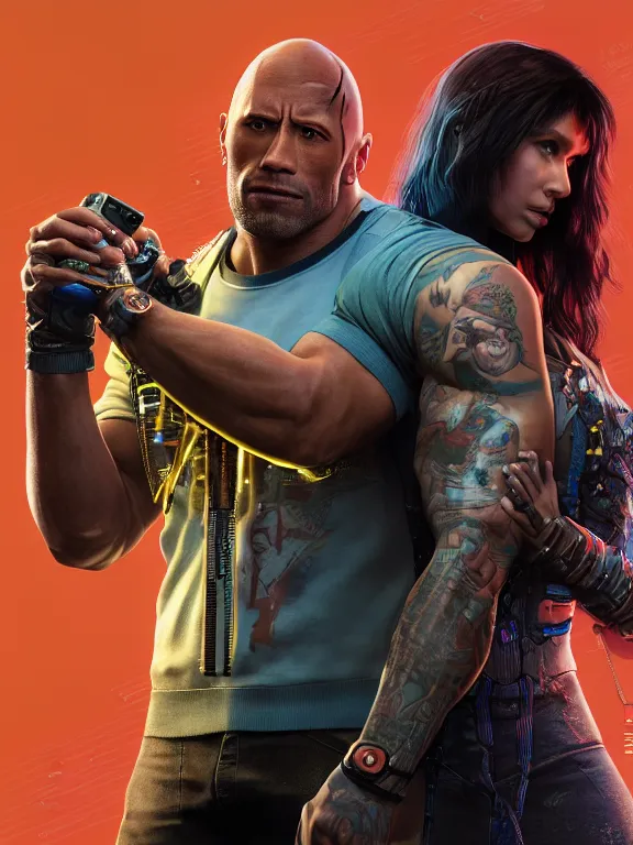 Image similar to a cyberpunk 2077 couple portrait of Dwayne Johnson holding a female android,complex mess of cables and wires behind them connected to giant computer,film lighting,by laurie greasley,Lawrence Alma-Tadema,William Morris,Dan Mumford, trending on atrstation,full of color,face enhance,sharp focus, highly detailed,8K, octane,golden ratio,cinematic lighting