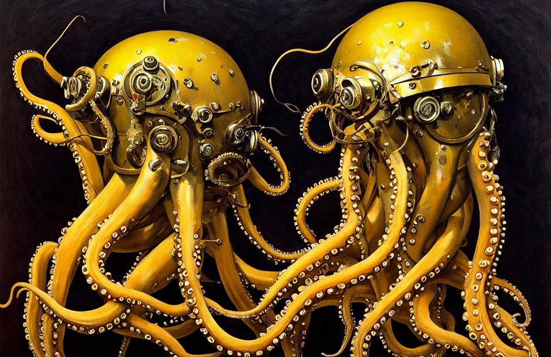 Prompt: portrait of deep sea diver helmet, octopus tentacles!!!!!!!!!!!!!!!!!!!!!!!!!!!, detailed face, detailed painting, epic lighting, by ilya repin, phil hale and kent williams