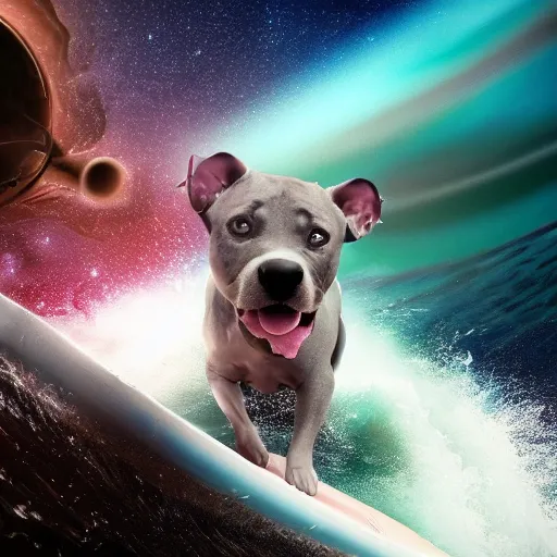 Image similar to photo of gray coat pit bull with white paws surfing a surfboard on a crashing l wave of alien ocean in space, background is an alien galaxy, aliens in the background, alien colors, octane render, unreal engine, wide view, 8 k, high detaild