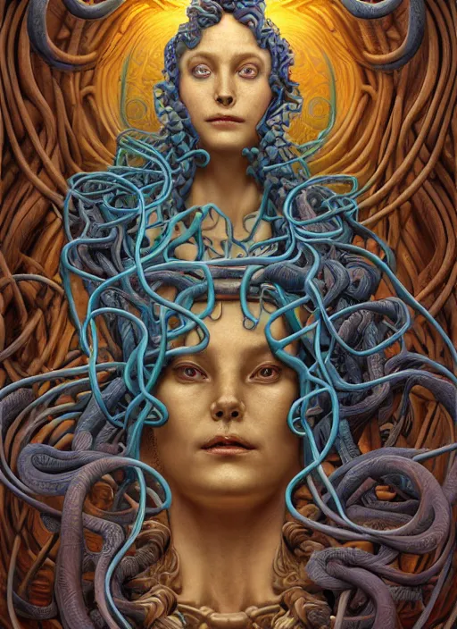 Prompt: medusa, wooden art nouveau swirls, strong subsurface scattering, cables, biomechanical, in the style of james jean and tomasz alen kopera, mystical colors, rim light, soft lighting, 8 k, stunning scene, raytracing, octane render, trending on artstation