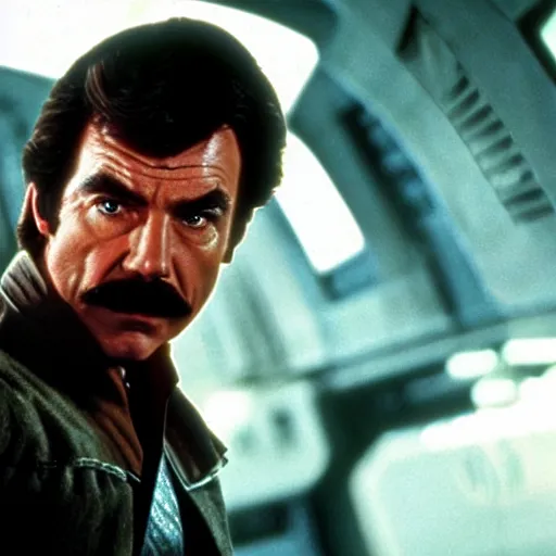 Image similar to A still of Tom Selleck as Han Solo from Star Wars The Empire Strikes Back. Extremely detailed. Beautiful. 4K. Award winning.