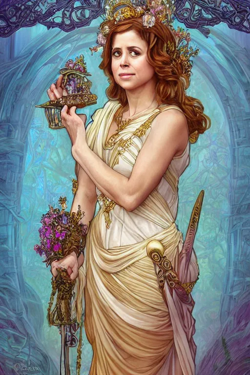 Image similar to Jenna Fischer as a Greek Goddess, cute, fantasy, intricate, elegant, highly detailed, digital painting, 4k, HDR, concept art, smooth, sharp focus, illustration, art by artgerm and H R Giger and alphonse mucha