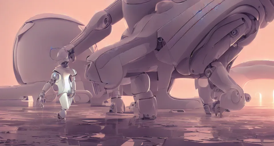 Image similar to robot 9 0 0 0 dreams of electric sheep in a futuristic white room, high dark contrast, mist, sunset background, photorealistic, 8 k, hdr, octane render, syd mead moebius katsuhiro otomo style