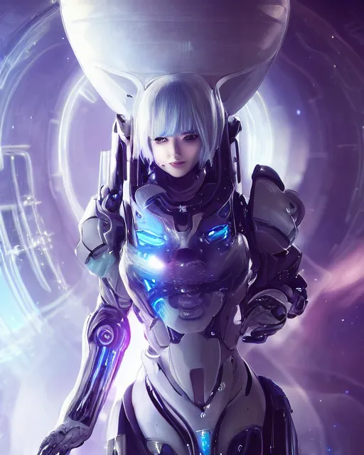 Image similar to perfect android girl on a mothership, warframe armor, beautiful face, scifi, futuristic, galaxy, nebula, bae suzy, dreamy, long white hair!!!, blue cyborg eyes, sharp focus, cinematic lighting, highly detailed, artstation, divine, by gauthier leblanc, kazuya takahashi, huifeng huang