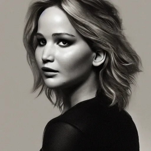 Image similar to Jennifer Lawrence, head and shoulders portrait, extremely detailed masterpiece, one single continues line.