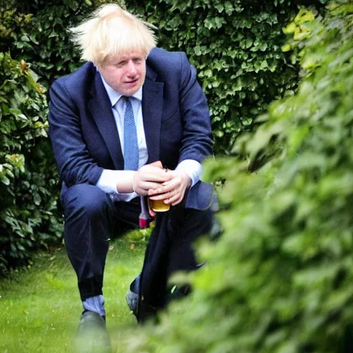 Prompt: Telephoto creepshot over a hedge of Boris Johnson drinking a beer in a garden