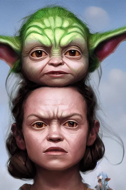 Image similar to Portrait of Daisy Ridley and Yoda's child, Yoda and Daisy Ridley child morph, digital painting, realistic shaded, realistic shaded lighting, fan art, pixiv, by Ilya Kuvshinov, morph dna, face morph, magali villeneuve, Artstation, by Jeremy Lipkin and by Michael Garmash and by Rob Rey