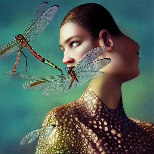 Prompt: brown woman wearing a shiny dragonfly armor. iridiscent. super detailed. layered. textured. award winning. dispersion of light. refracted lighting. soft. fragile. by ray caesar. by louise dahl - wolfe. by andrea kowch. surreal photoraphy