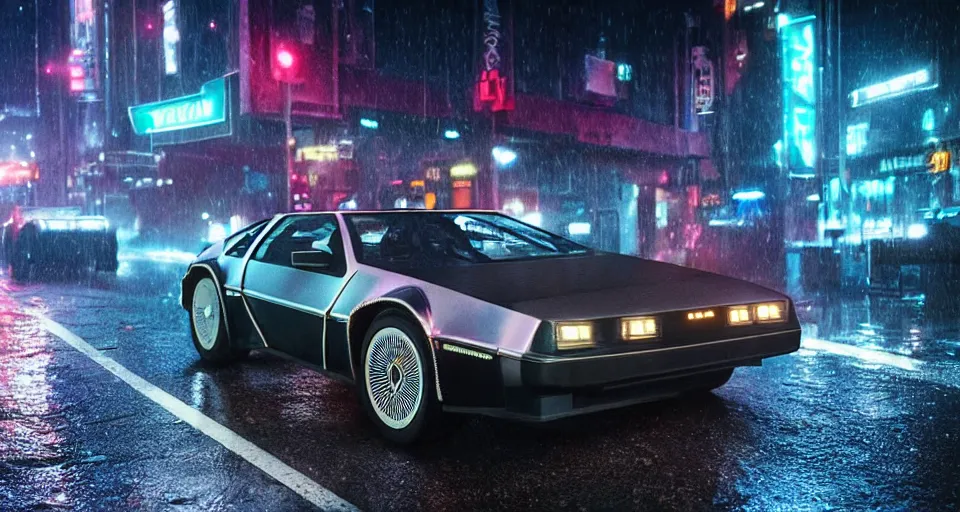 Image similar to a 2 8 mm closeup photo of a tela tron neon delorean back to the future car on wet city street at night, intricate, hyper detailed, smooth, high contrast, neon, volumetric lighting, octane, moebius, greg rutkowski, blade runner, ripley scott, mad max, cindmatic