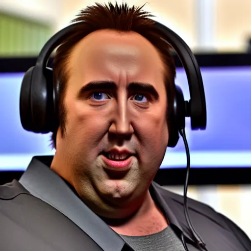 Prompt: obese nicolas cage wearing a headset yelling at his monitor while playing WoW highly detailed wide angle lens 10:9 aspect ration award winning photography